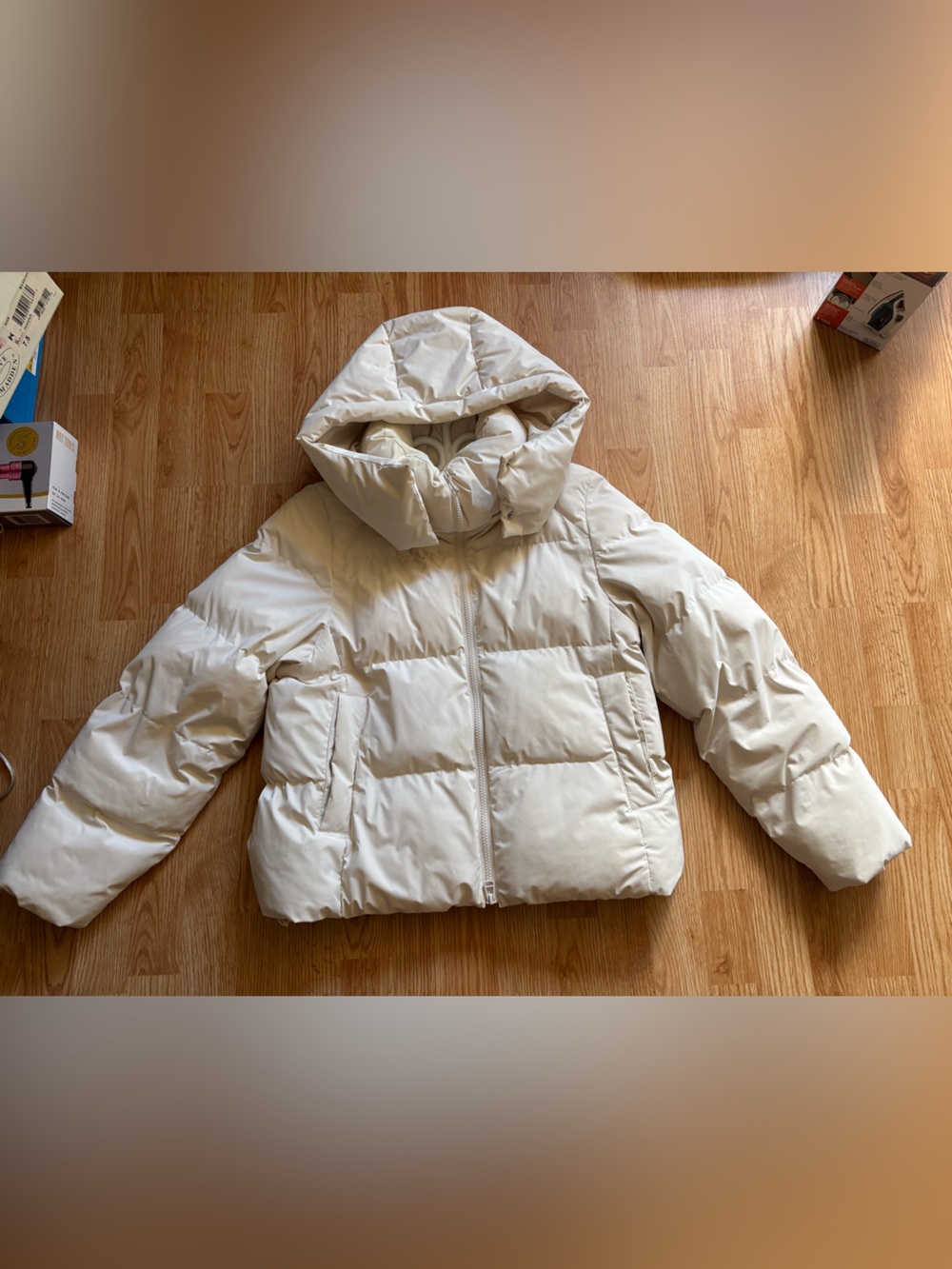 GU Cream White Puffer Jacket with Removable Hood